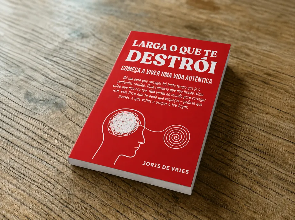 O livro Larga o que te destrói, de Joris de Vries, sobre uma mesa de madeira